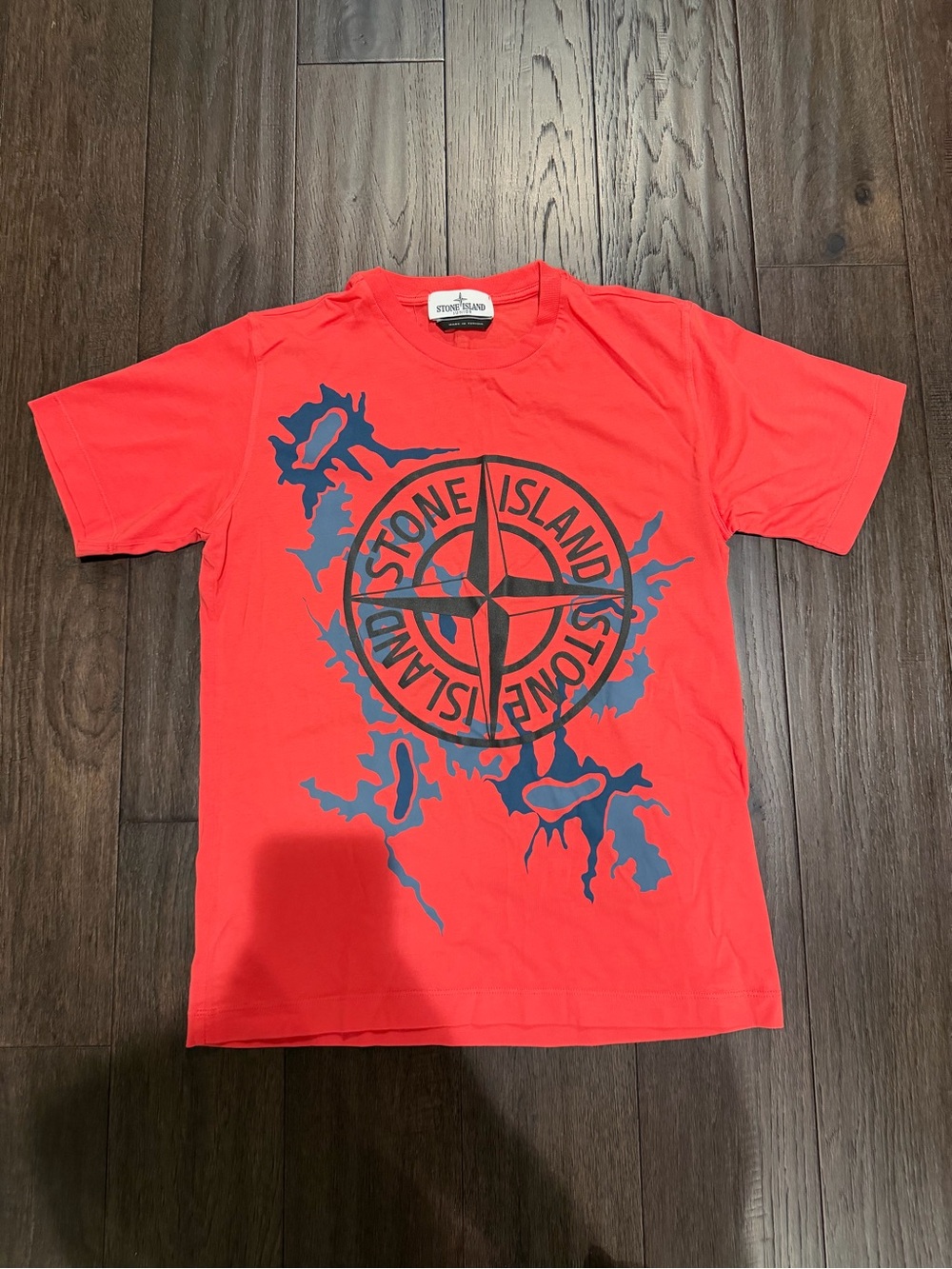 Stone Island Kids Coral Red Short Sleeve Tee with Navy Graphic